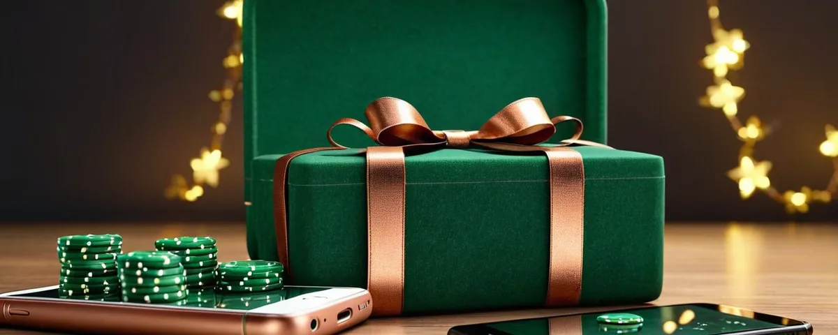 Smaragdgrüne Geschenkbox mit kupferfarbener Schleife, daneben zwei Smartphones und grüne Casino-Chips