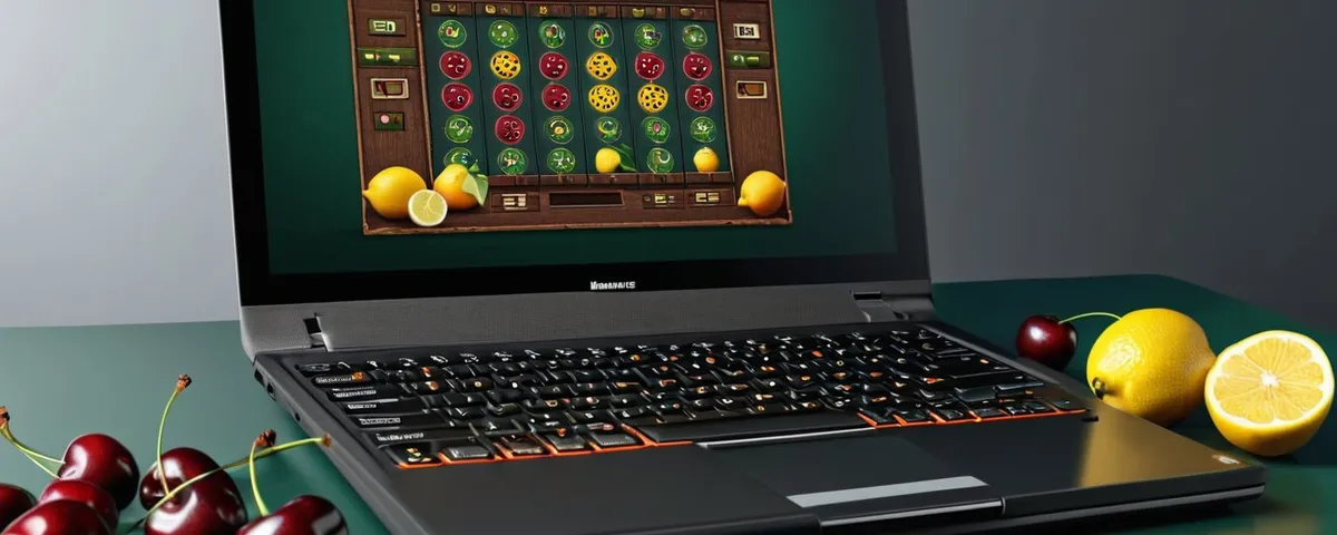 Laptop mit Früchte-Slot auf dem Bildschirm, davor Kirschen und Zitronen