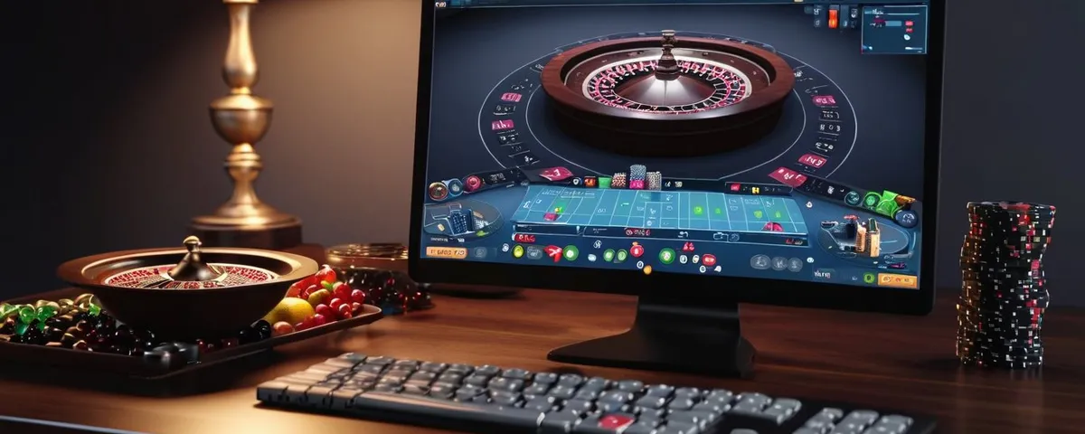Laptop auf grünem Spieltisch-Filz mit Spielkarten und kupferfarbenen Chips