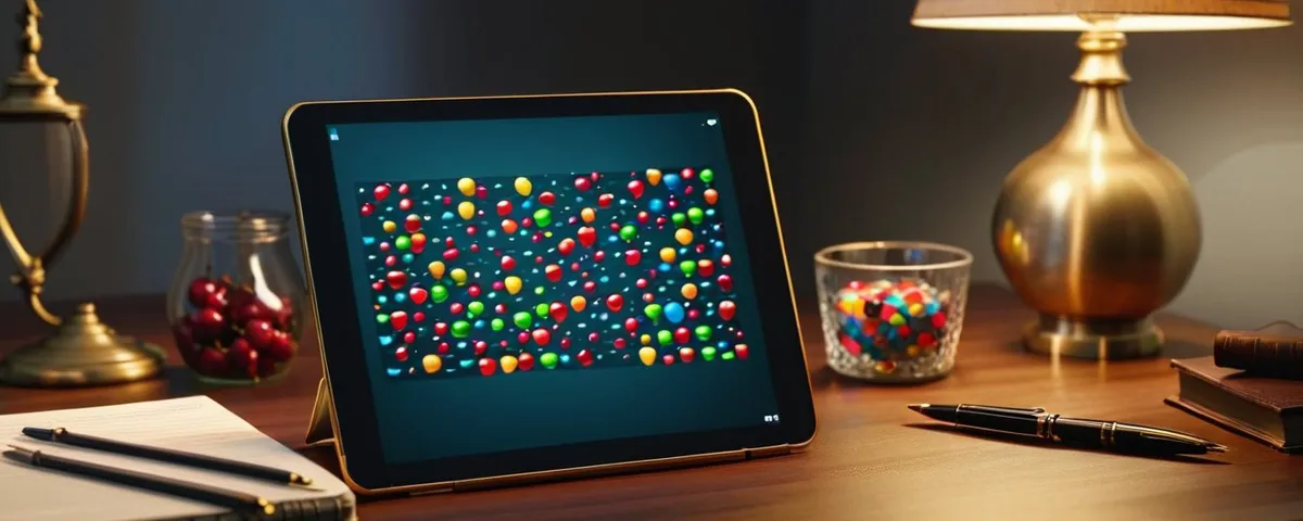 Tablet neben einer Sanduhr und zwei roten Würfeln