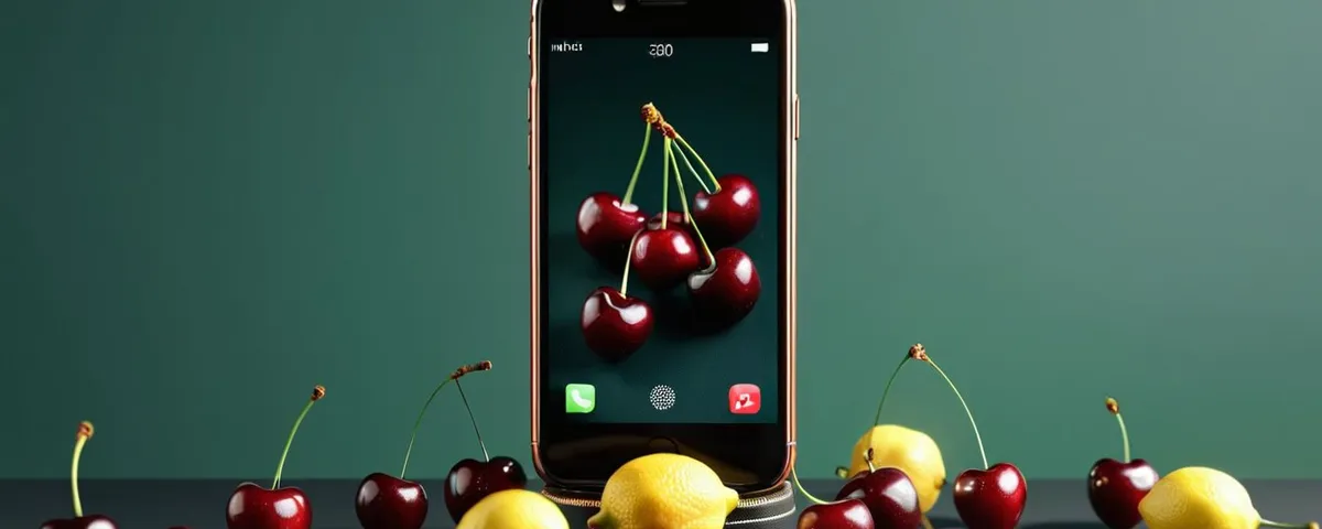 Smartphone mit Kirschen-Slot auf dem Bildschirm, ringsum Kirschen und Zitronen